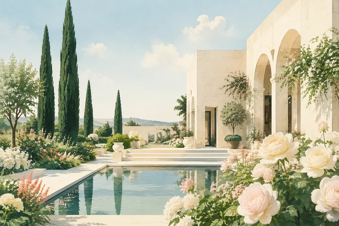 An illustrated garden estate in warm evening light