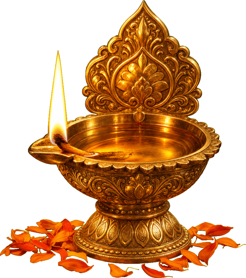 A brass diya oil lamp with a warm flame